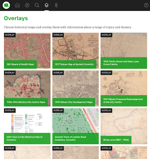 This image shows the thumbnails for several overlays on Coventry Atlas on the GLAM interactive map