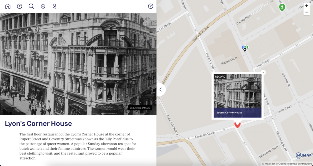 This image is a screenshot of the record for Lyon's Corner House on the map, a staple of black/queer culture.