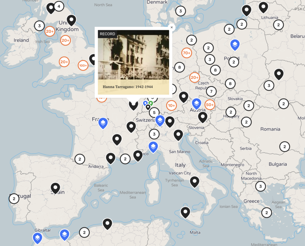 The image shows a modern cultural heritage interactive map of Europe with pins on it that represent records.