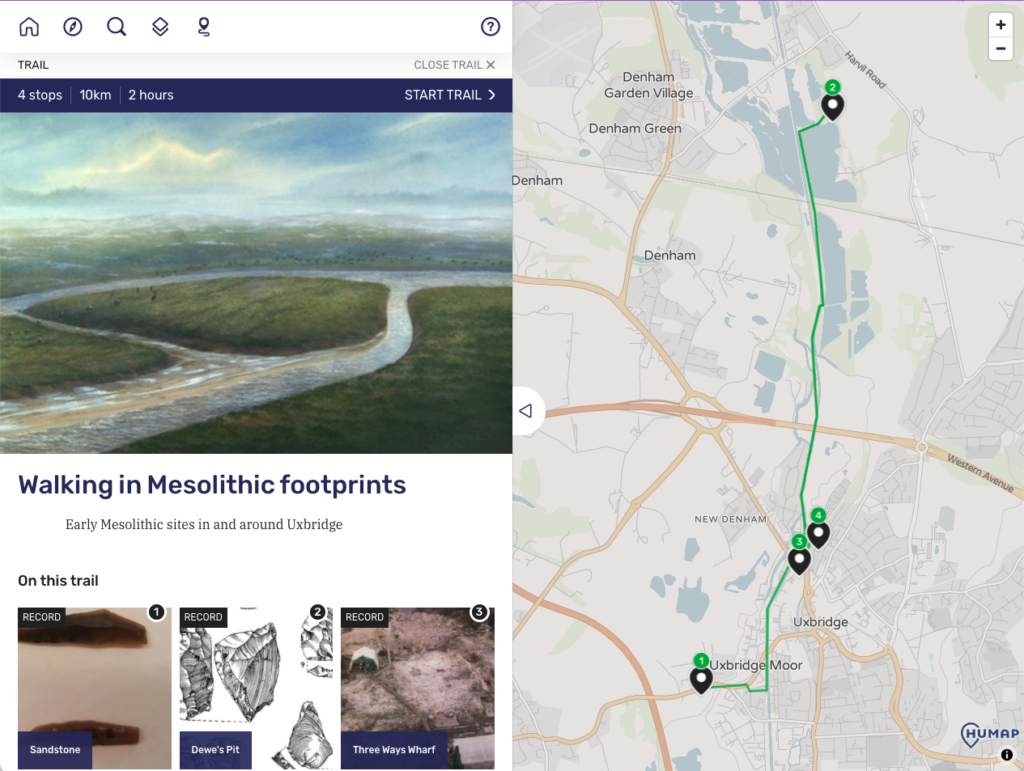 Image shows a screenshot of a custom walking trail called "Walking in Mesolithic Footprints" from Samantha's prehistoric England research.