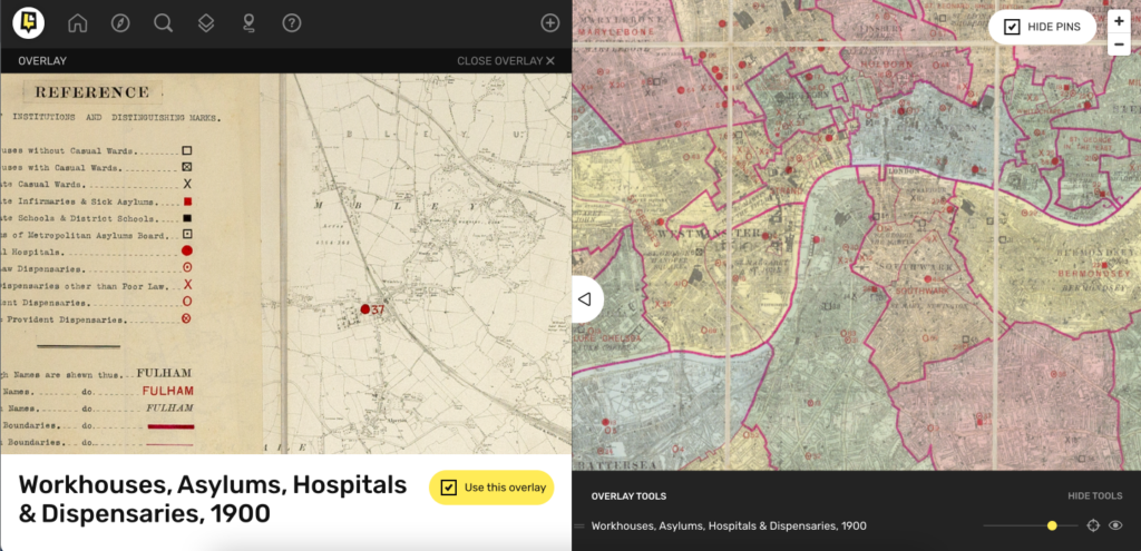 The "Workhouses, asylums, hospitals, and dispensaries 1900" historical map is overlaid on top of the base map.