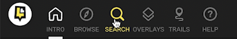 The toolbar in the map information tray. The icons are a house (intro), a compass (browse), a magnifying glass (seach), two squares (overlays), and a question mark (help). The magnifying glass icon is highlighted.