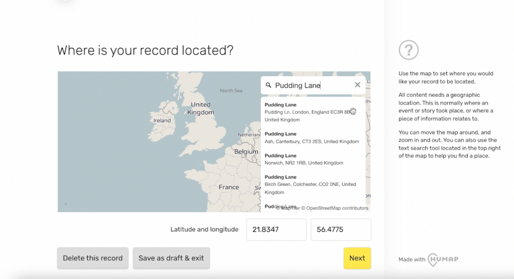 This image shows the interface for pinning records to the map - a mapbox with a search bar.