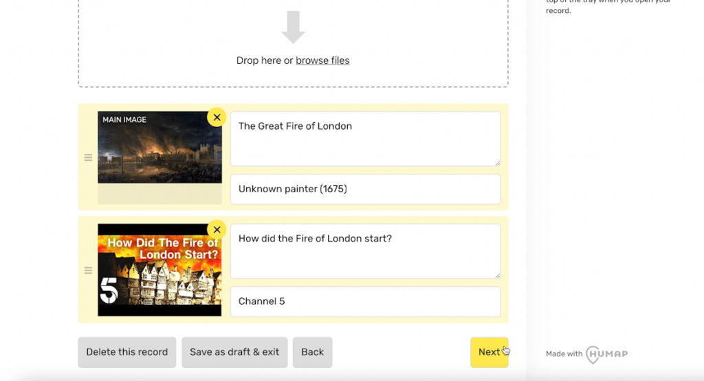 The same interface, but with one uploaded image of the Great Fire of London and one video on the same topic.