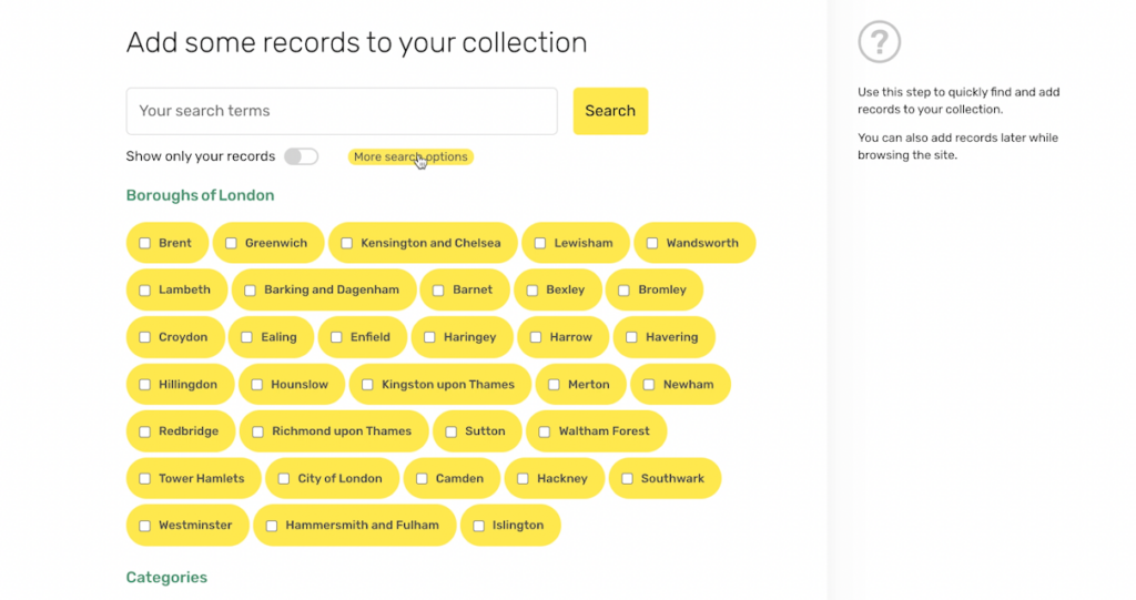 The interface for tagging collections with search terms.
