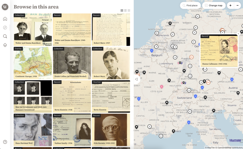A screenshot of the Refugee map, showing pins on the map and the thumbnails of content on the left