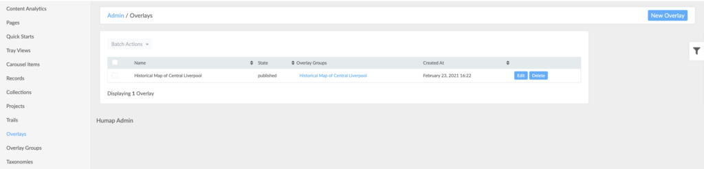 A screenshot of Overlays section on the admin dashboard