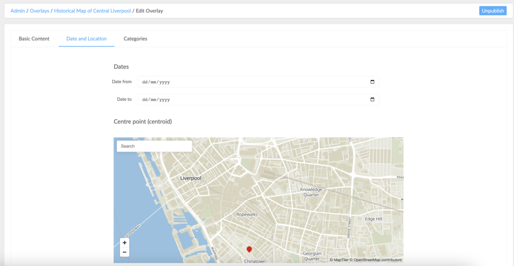 A screenshot of Overlays / Date and Location on the admin dashboard