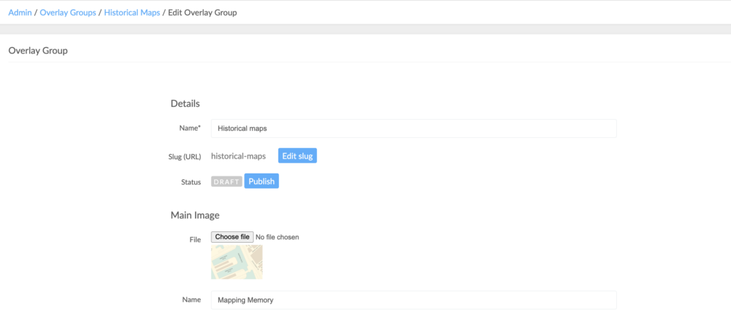 A screenshot of Overlay Groups / Edit Overlay Group on the admin dashboard