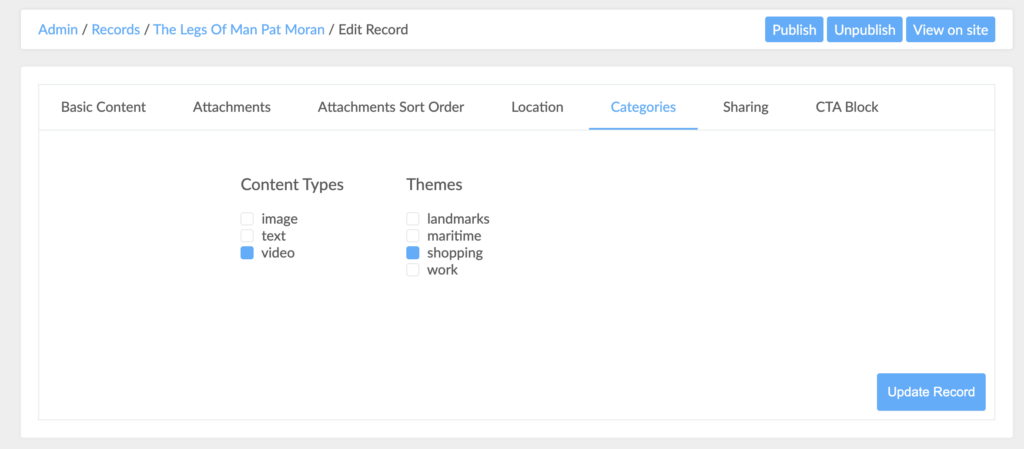 A screenshot of Records / Categories on the admin dashboard