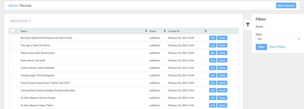 A screenshot of the records section of the admin dashboard