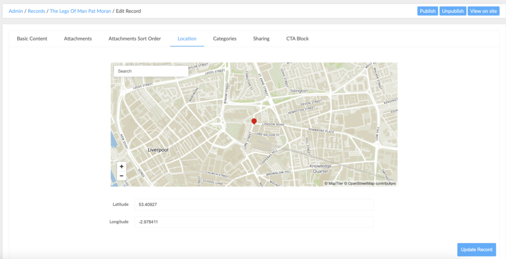 A screenshot of Records / Location on the admin dashboard