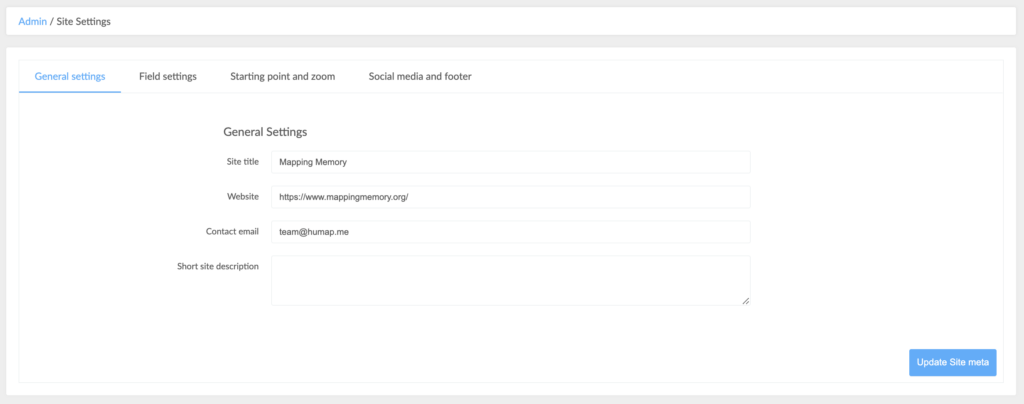 A screenshot of the site settings/general settings page in the admin dashboard