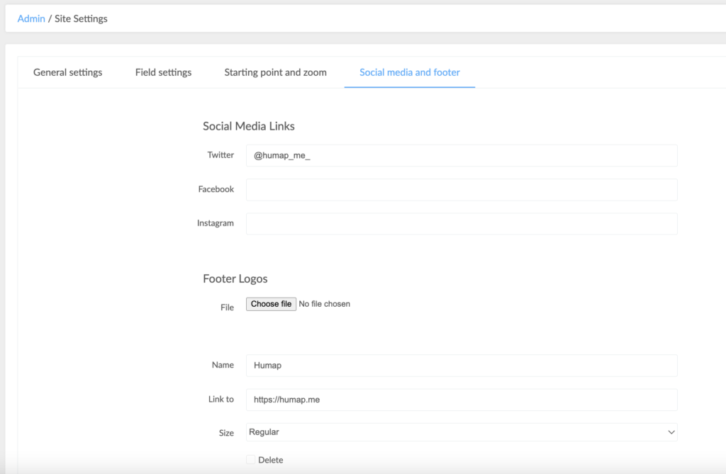 A screenshot of the site settings/social media and footer page in the admin dashboard
