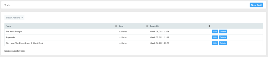 A screenshot of trails section on the admin dashboard