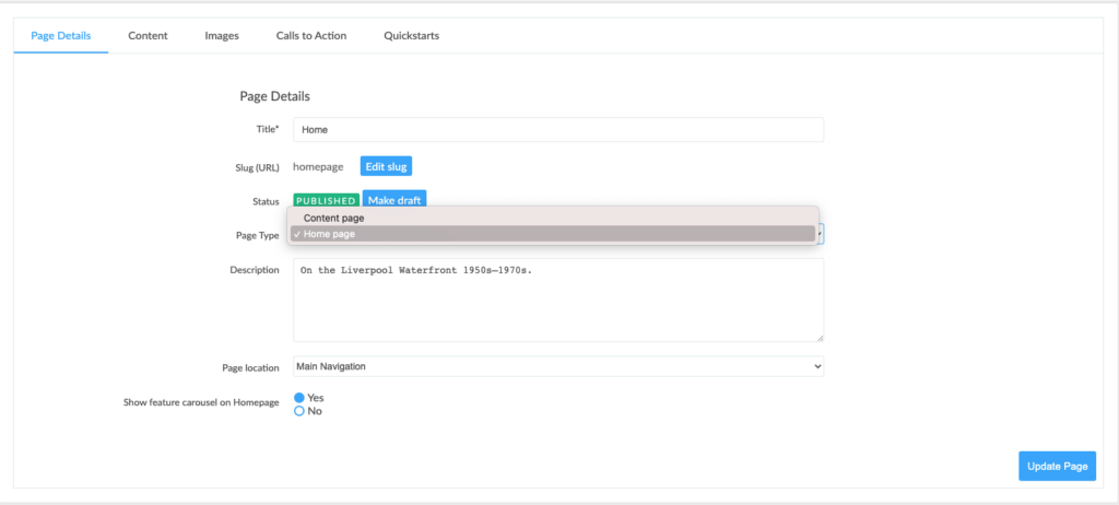 A screenshot of the pages/ page detail section in the admin dashboard