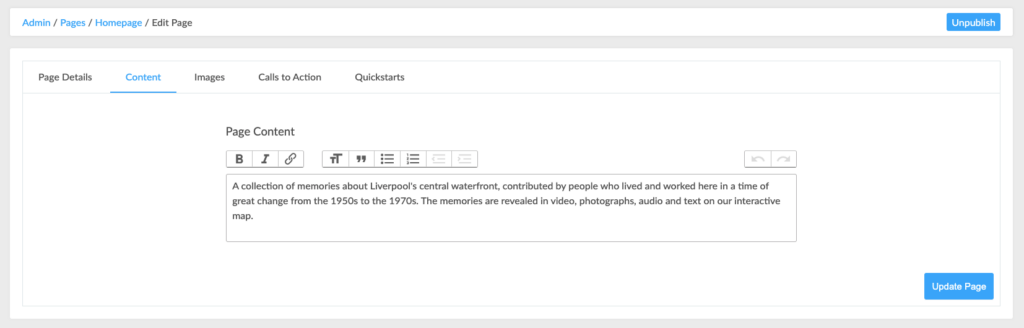 A screenshot of the pages/ page content section in the admin dashboard