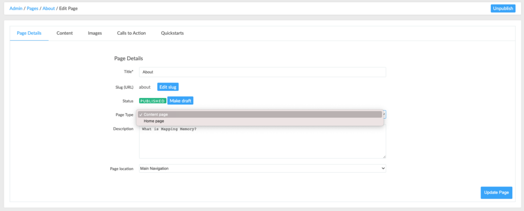 A screenshot of the pages/ page detail section in the admin dashboard. 'Content page' is selected this time