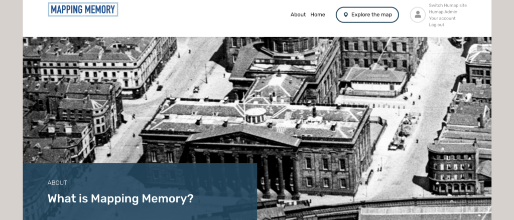 This image and the next are screenshots of the About page on Mapping Memory, an example of a content page 