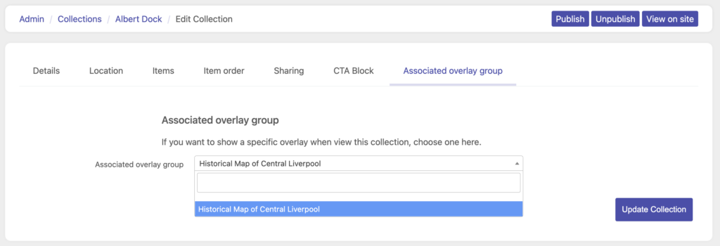 A screenshot showing the 'associate overlay group' screen in the content management system
