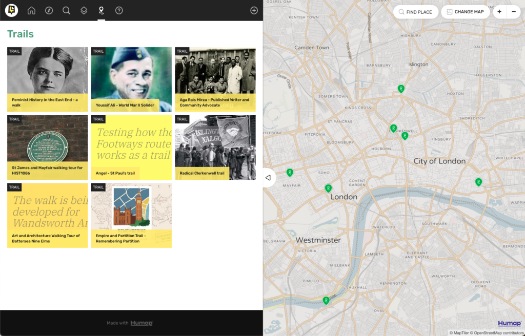 A screenshot showing some of the available walking trails on Layers of London