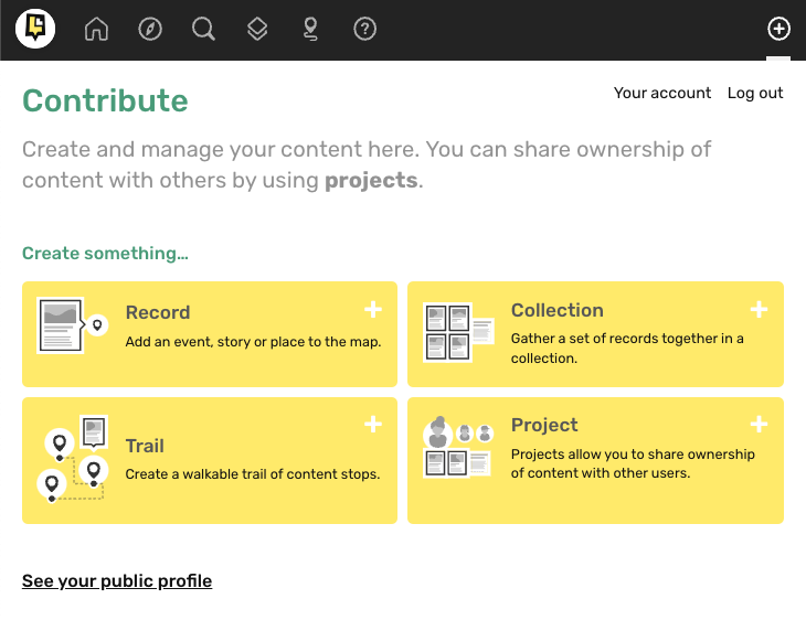 A screenshot of the contribute menu on Layers of London. Users can choose between records, collections trails, and projects