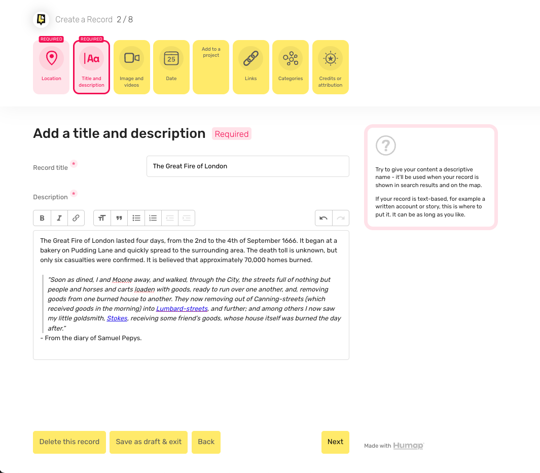A screenshot demonstrating how to add record content
