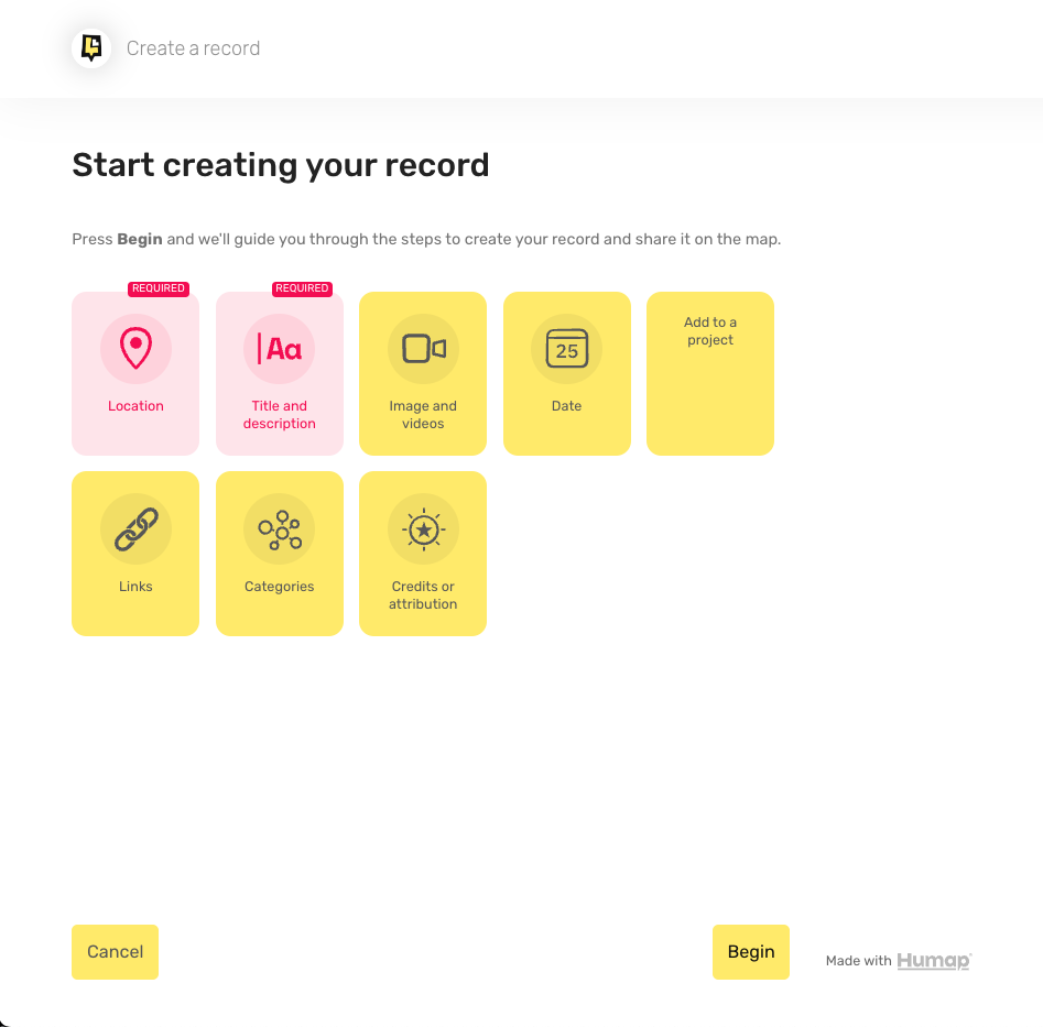 A screenshot showing the welcome screen for record creation