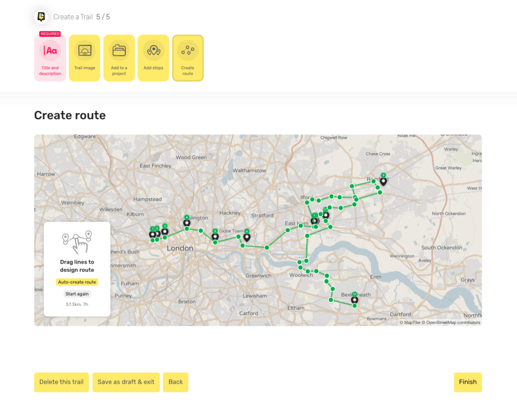 A screenshot demonstrating how to create the trail route