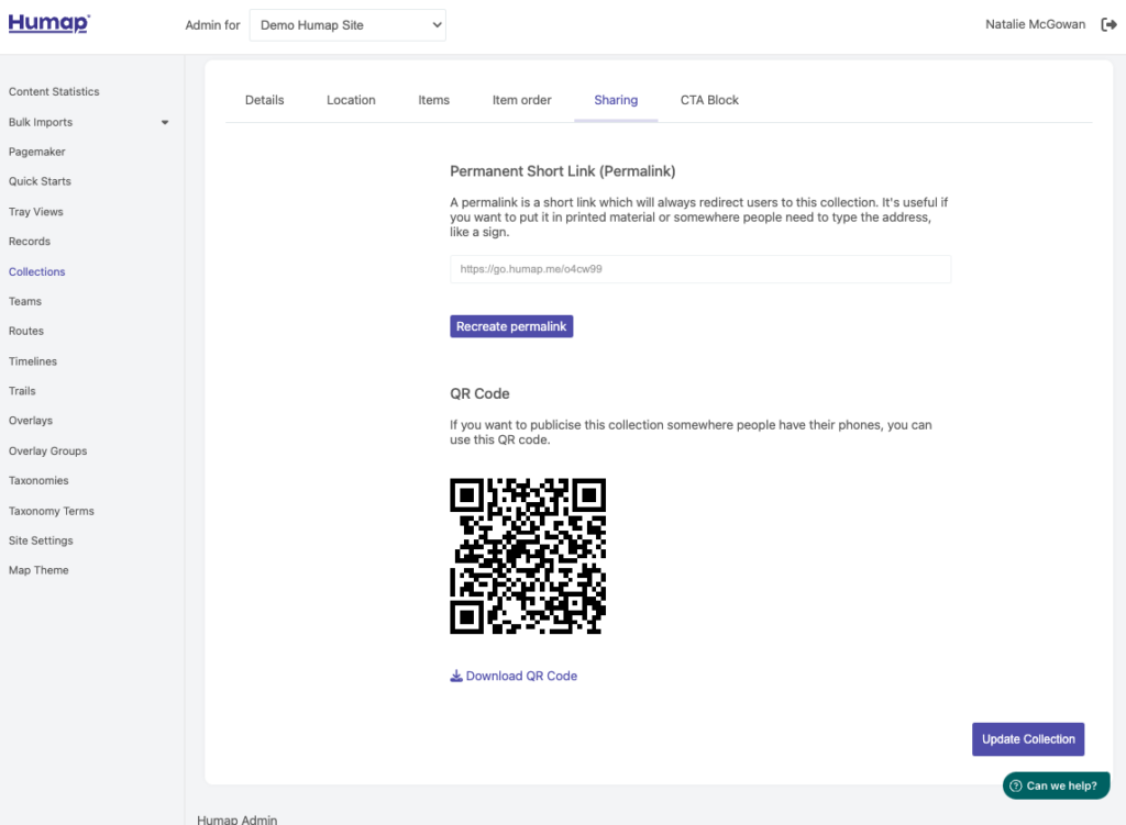 A screenshot demonstrating how to Create a permalink and QR Code