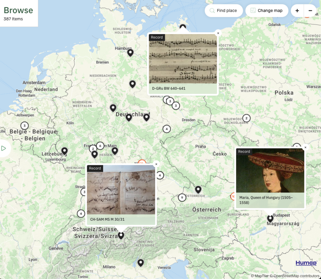 A screenshot of records on the University of Music & Performing Arts in Vienna's Senfl’s World