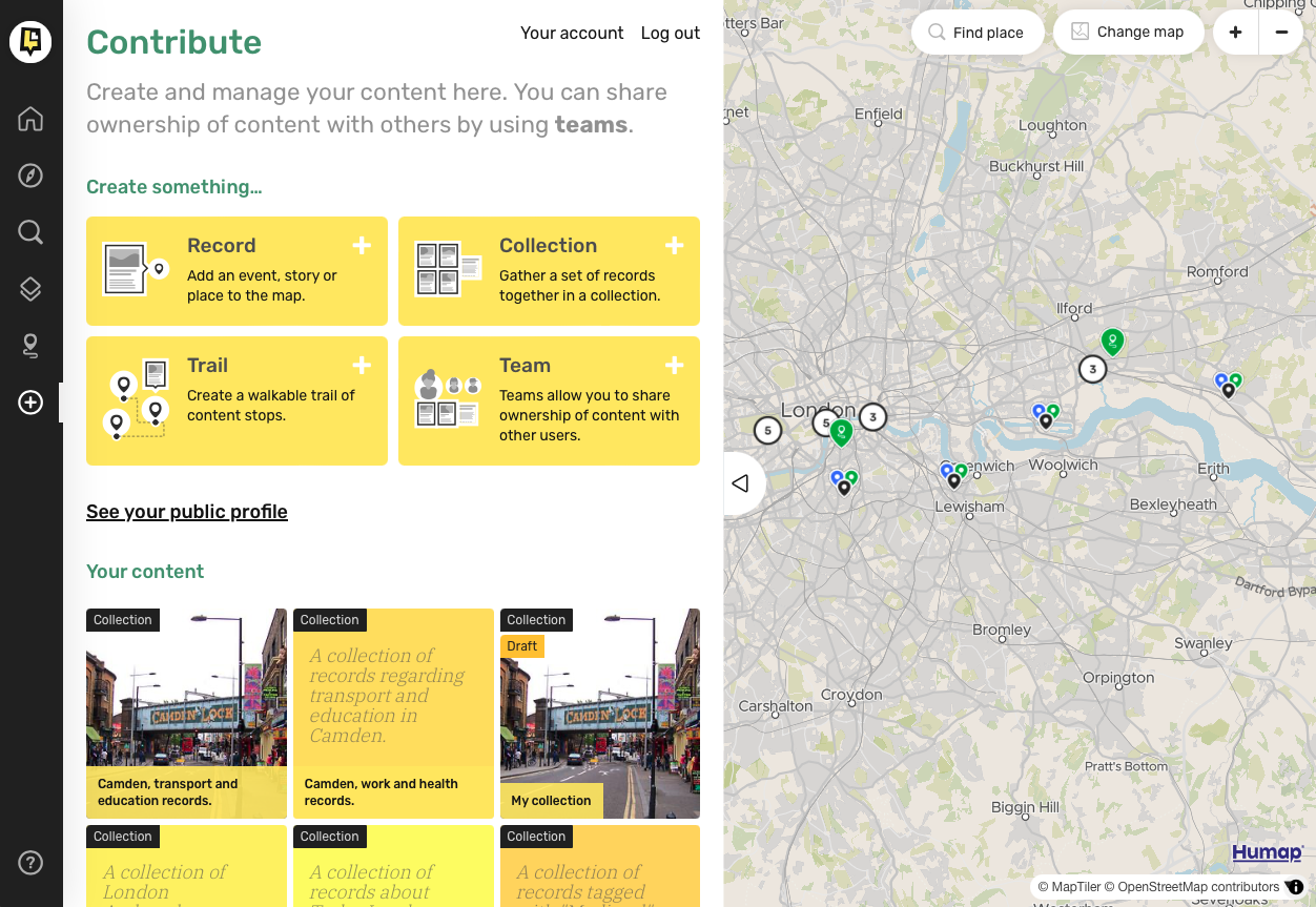 A screenshot of the Contribute home screen on Layers of London