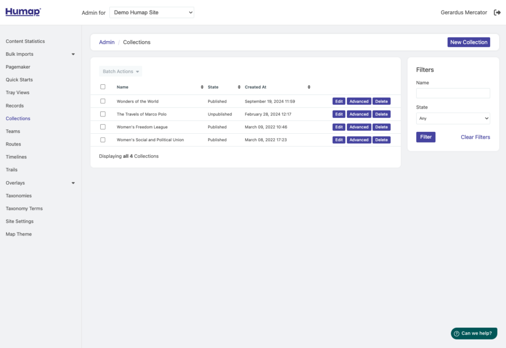 A screenshot demonstrating how to find the Advanced options for collections