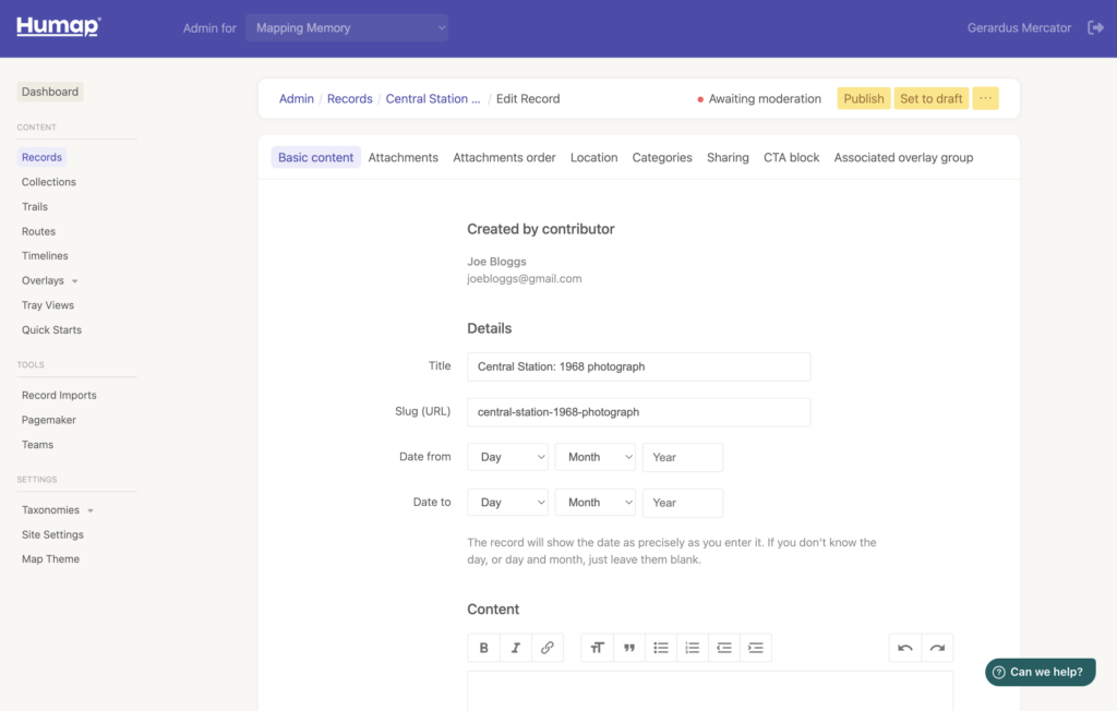 A screenshot demonstrating how to check and edit work on Humap