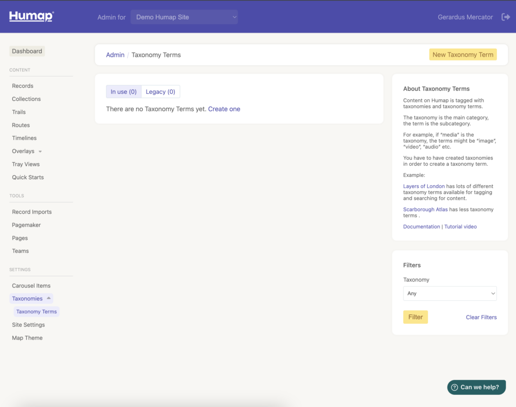 A screenshot of the Taxonomy terms dashboard