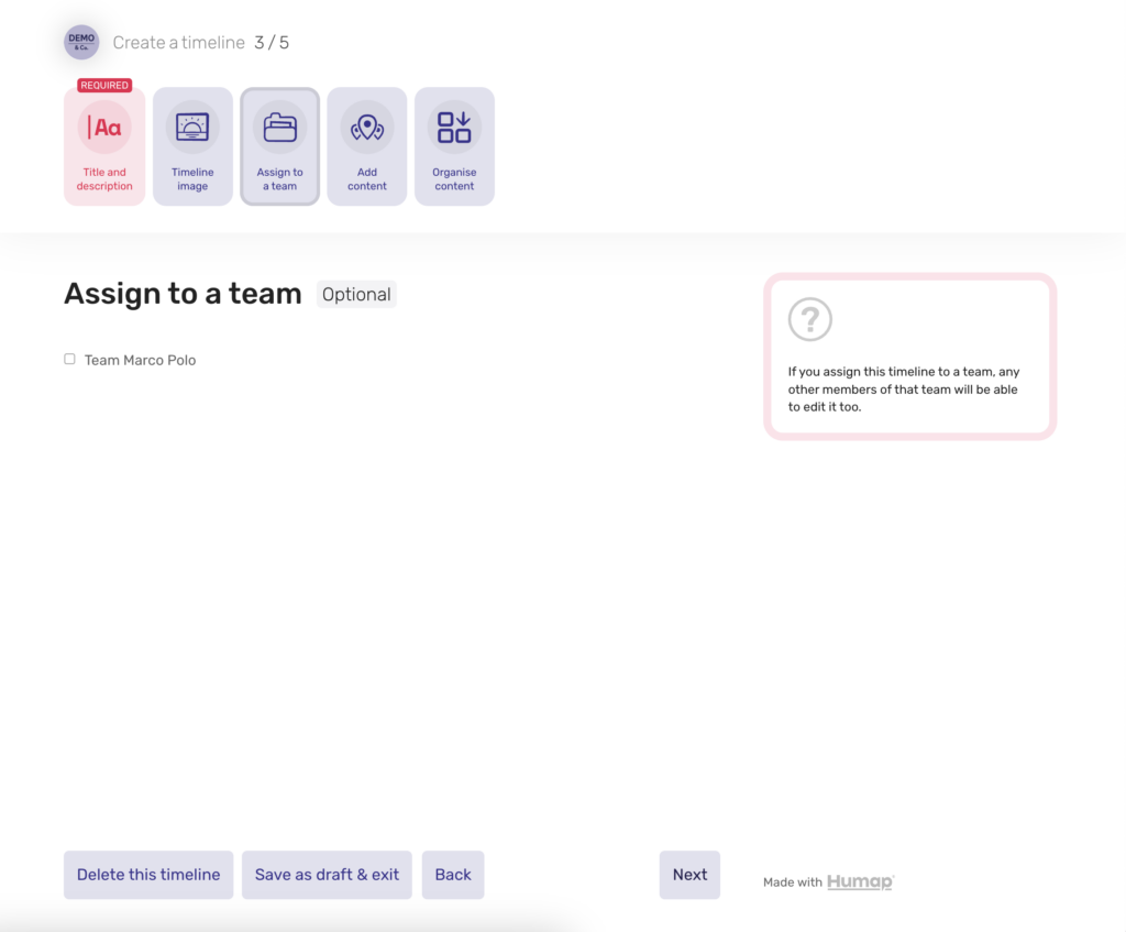 A screenshot demonstrating how to add a timeline to a team