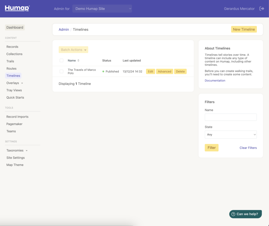 A screenshot of the timeline dashboard 