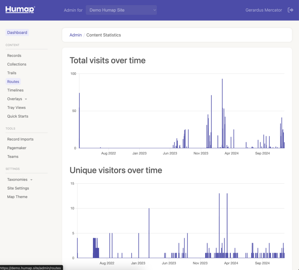 A screenshot of the dashboard with the Routes button highlighted