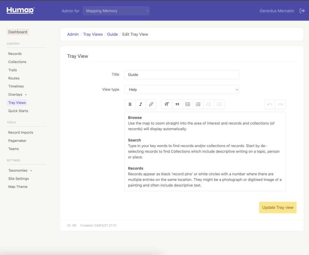 A screenshot demonstrating the process of Creating a Help Tray View