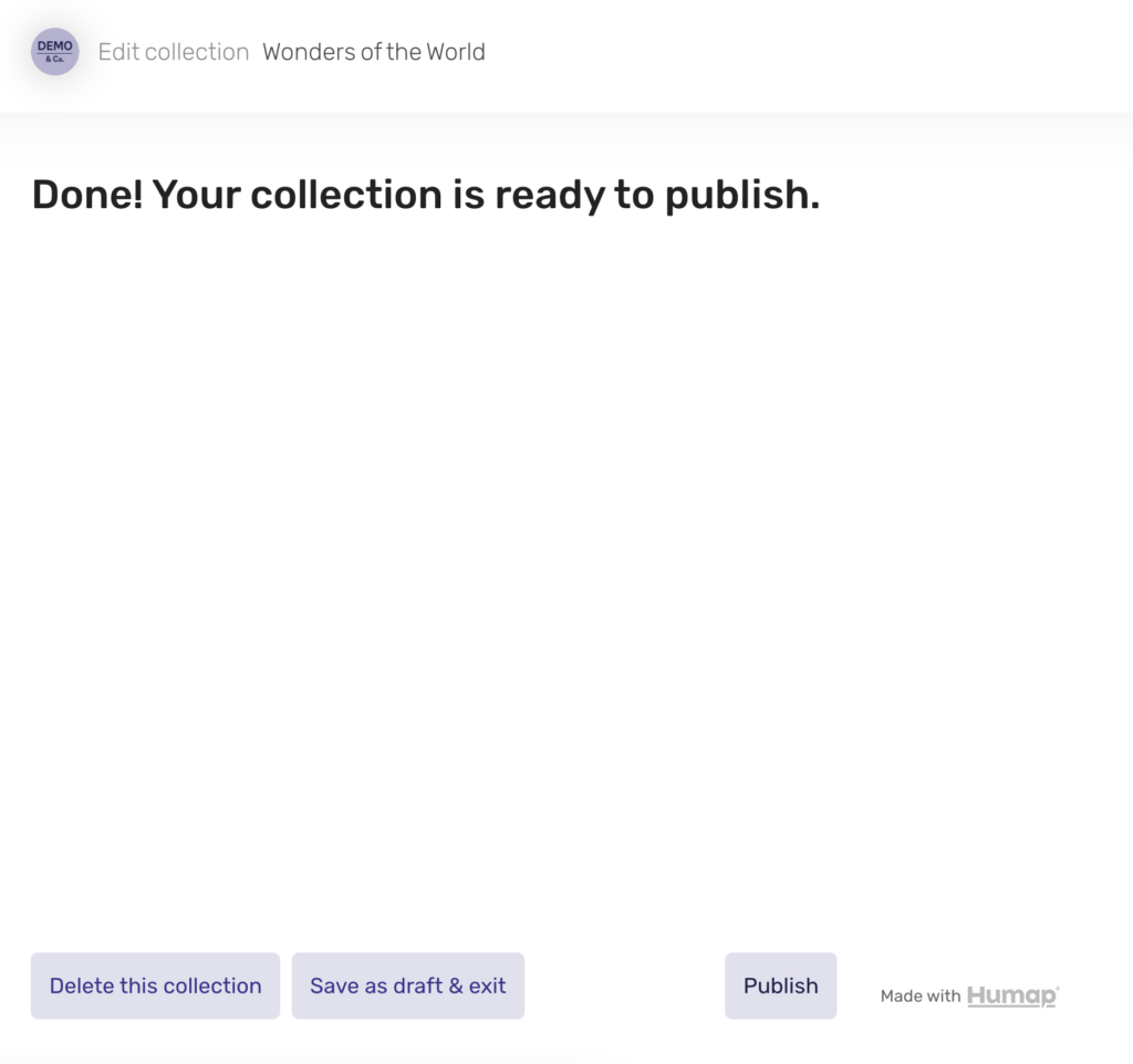 A screenshot of the final page of the Collection creation process