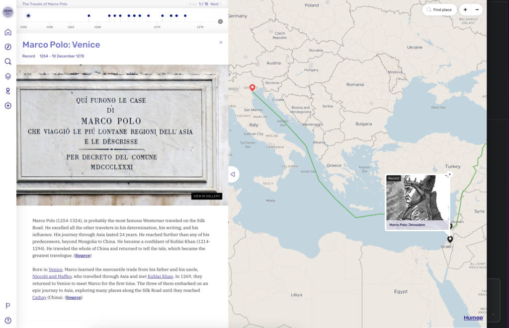 A screenshot of an example Journey showing the travels of Marco Polo