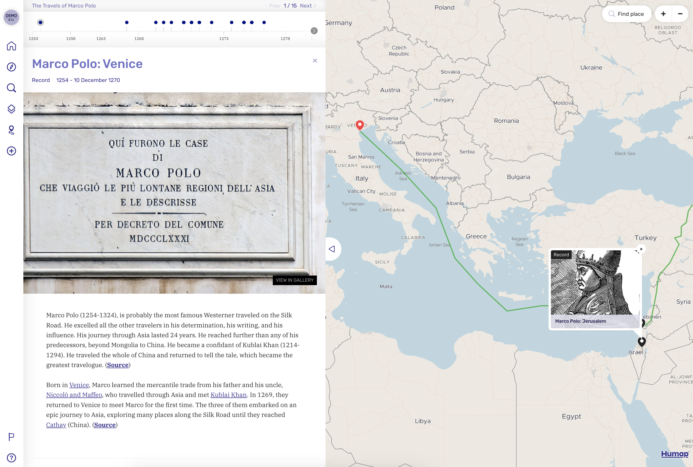 A screenshot of an example Journey showing the travels of Marco Polo