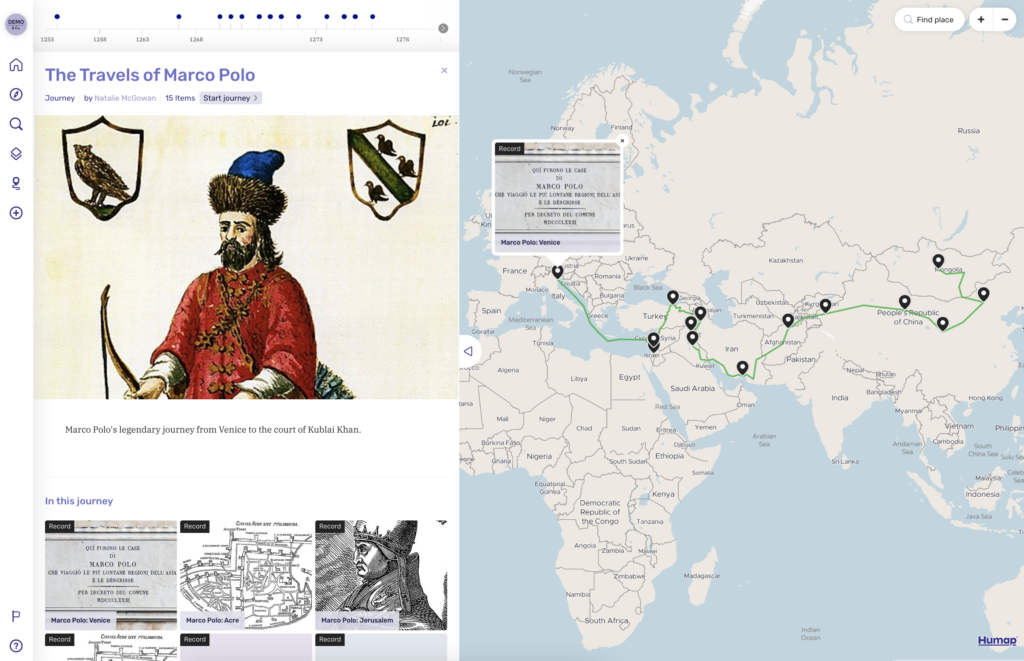 A screenshot of an example Journey showing the travels of Marco Polo