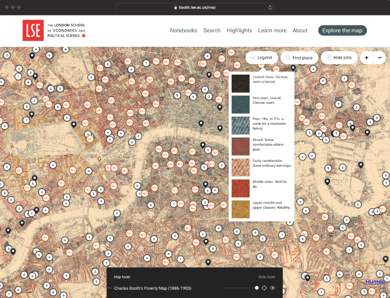 A screenshot of the Charles Booth's London website, showing the map, the map legend, and Record pins