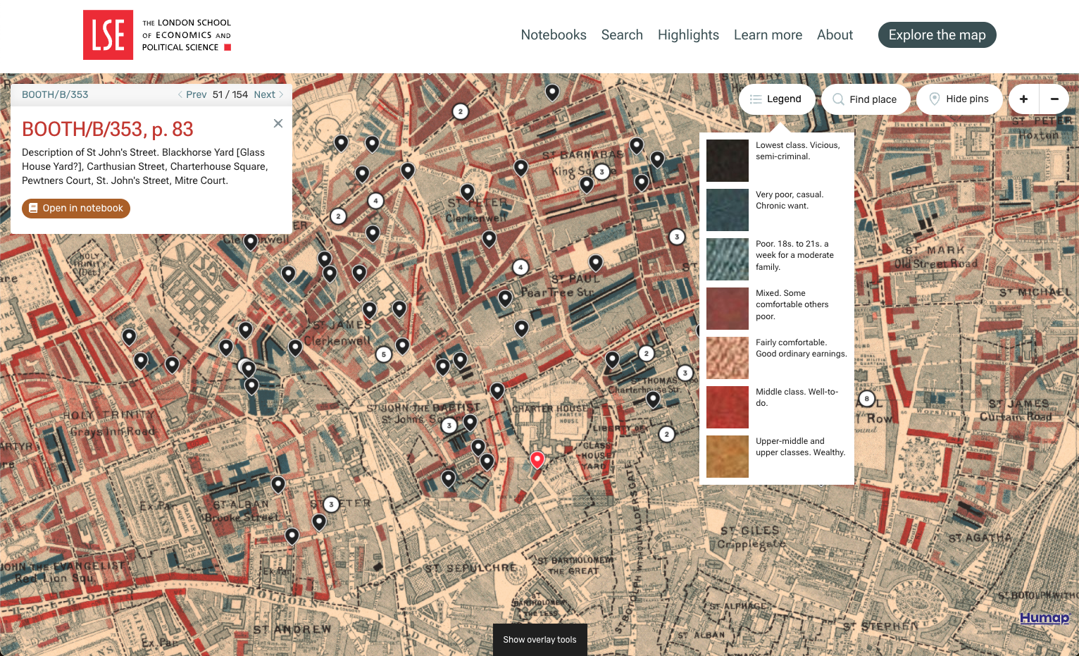 A screenshot of the map interface of Charles Booth's London