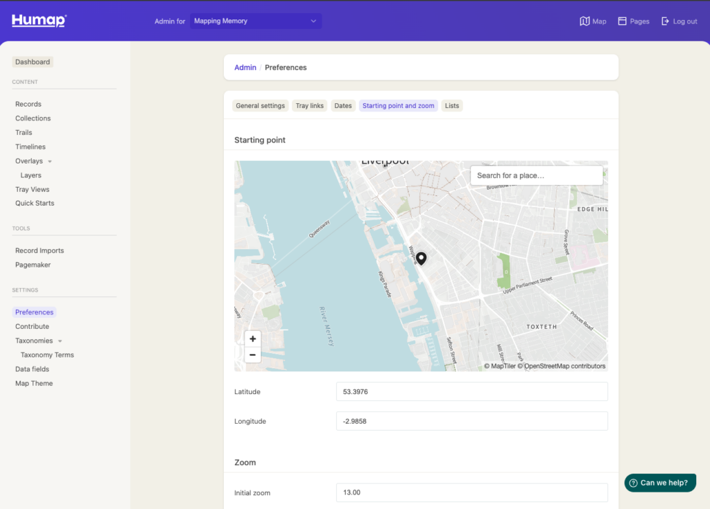 A screenshot of the Starting point and zoom page in the Humap admin