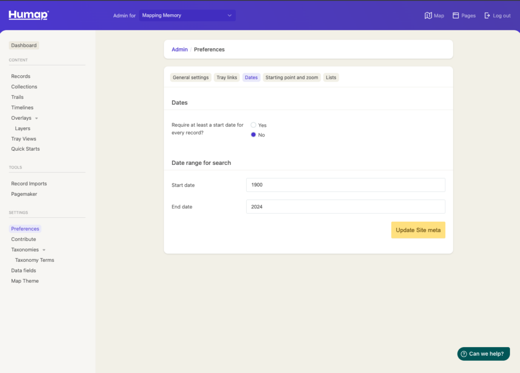 A screenshot of the Dates section of the Humap Preferences admin