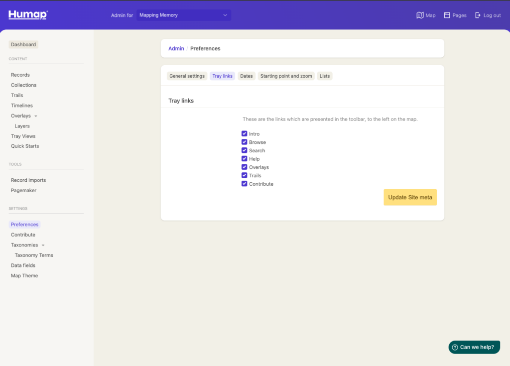 A screenshot of the Tray Links links section of the Humap admin area