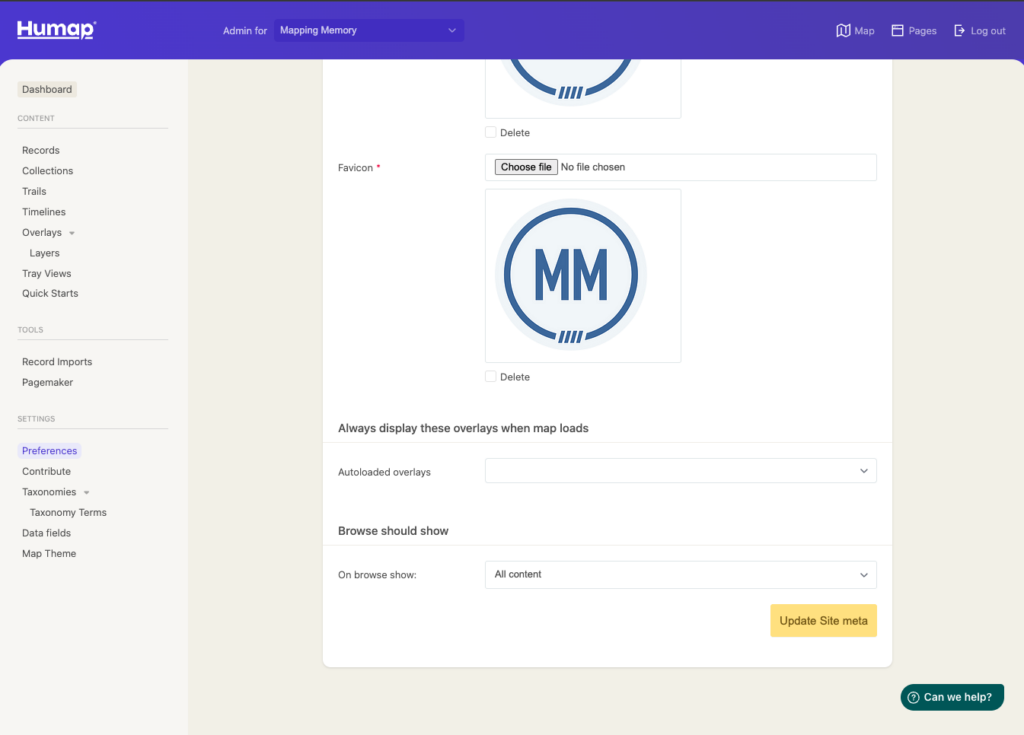 A screenshot of the general settings page of the Humap admin dashboard