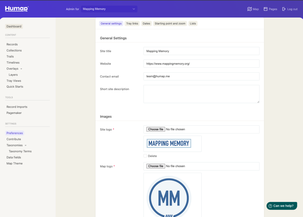 A screenshot of the general settings page of the Humap admin dashboard